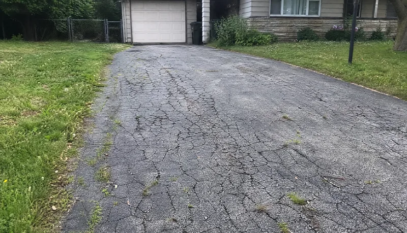 Cracked and deteriorating asphalt driveway before repaving in Arvada CO