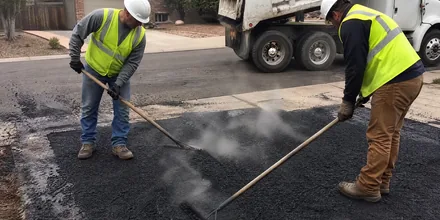 Paving crew laying new asphalt on a residential driveway in Arvada CO