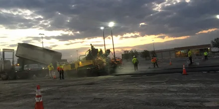 Commercial asphalt parking lot paving crew at work near Arvada CO