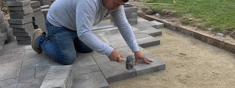 Paver patio installation in progress in an Arvada Colorado backyard