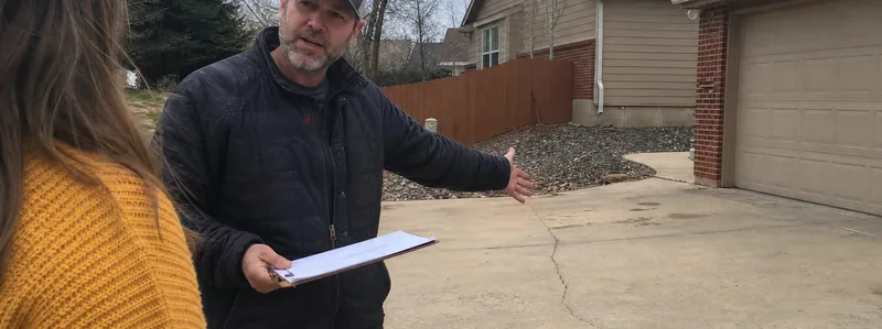 Estimator reviewing an asphalt paving cost estimate on a clipboard at an Arvada Colorado driveway